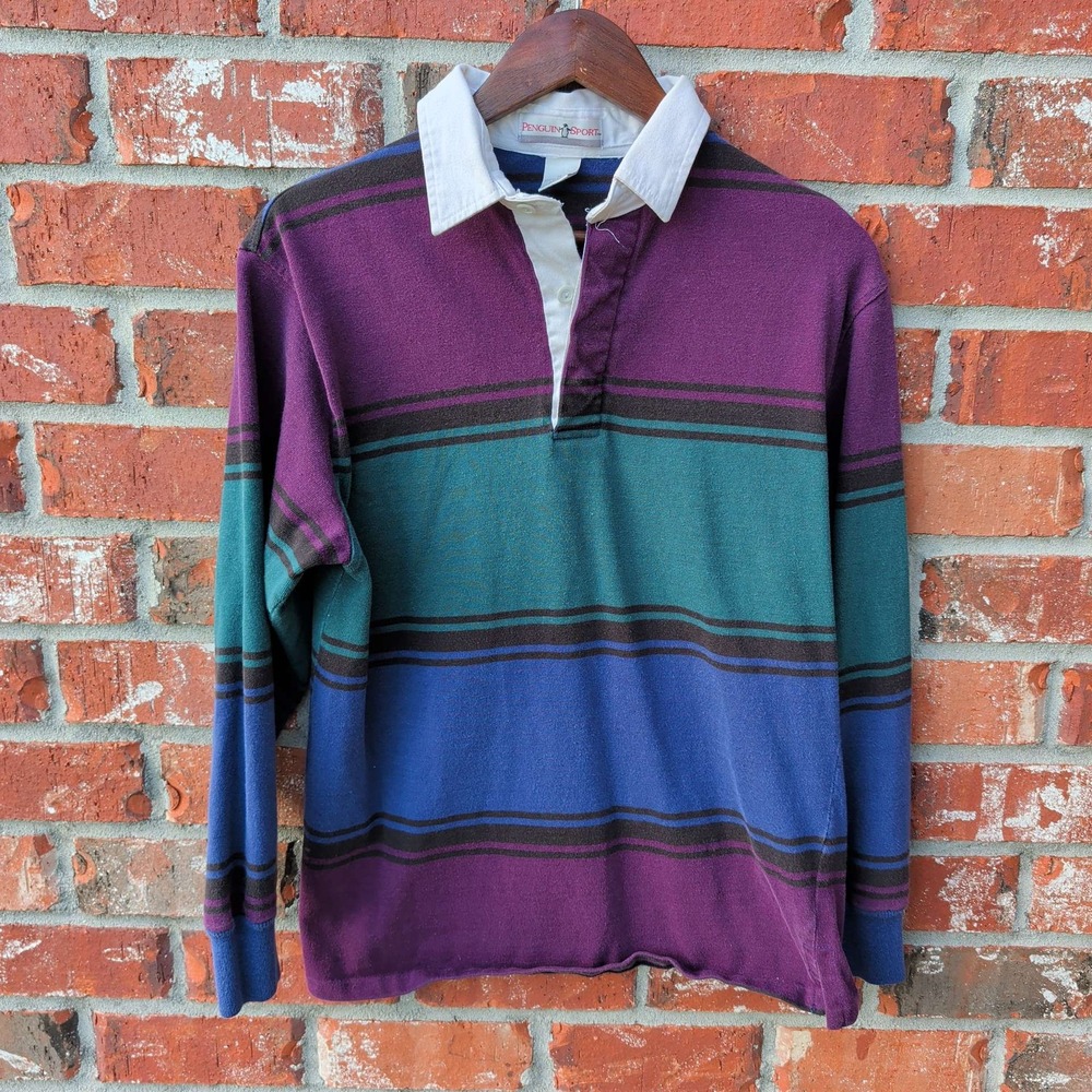 Penguin Sport Rugby Shirt Mens Medium Purple Teal Blue Striped Made in USA
